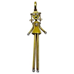 Vintage 14K Gold Articulated Girl Pendant with 7 Diamonds – Kinetic Design, 2”