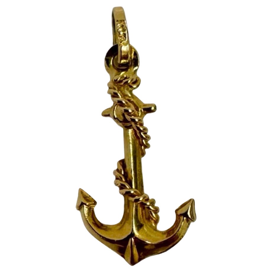 Vintage Italian 18K Yellow Gold Anchor Pendant with Rope Detail, 20.5mm