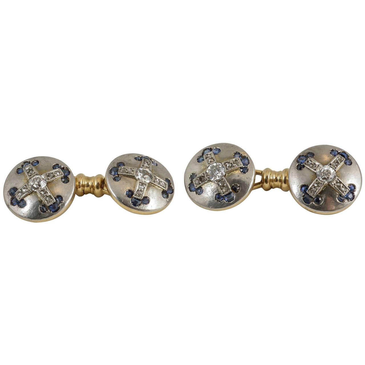Cufflinks set with Sapphires & Diamonds in Platinum & Gold , French circa 1920 For Sale