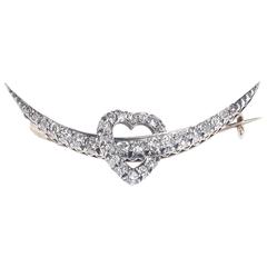 Victorian Diamond Silver Gold Heart and Crescent Brooch