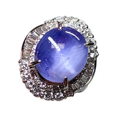 Estate Platinum Star Sapphire Baguette Round Diamond Cocktail Ring 12.20ctw NH