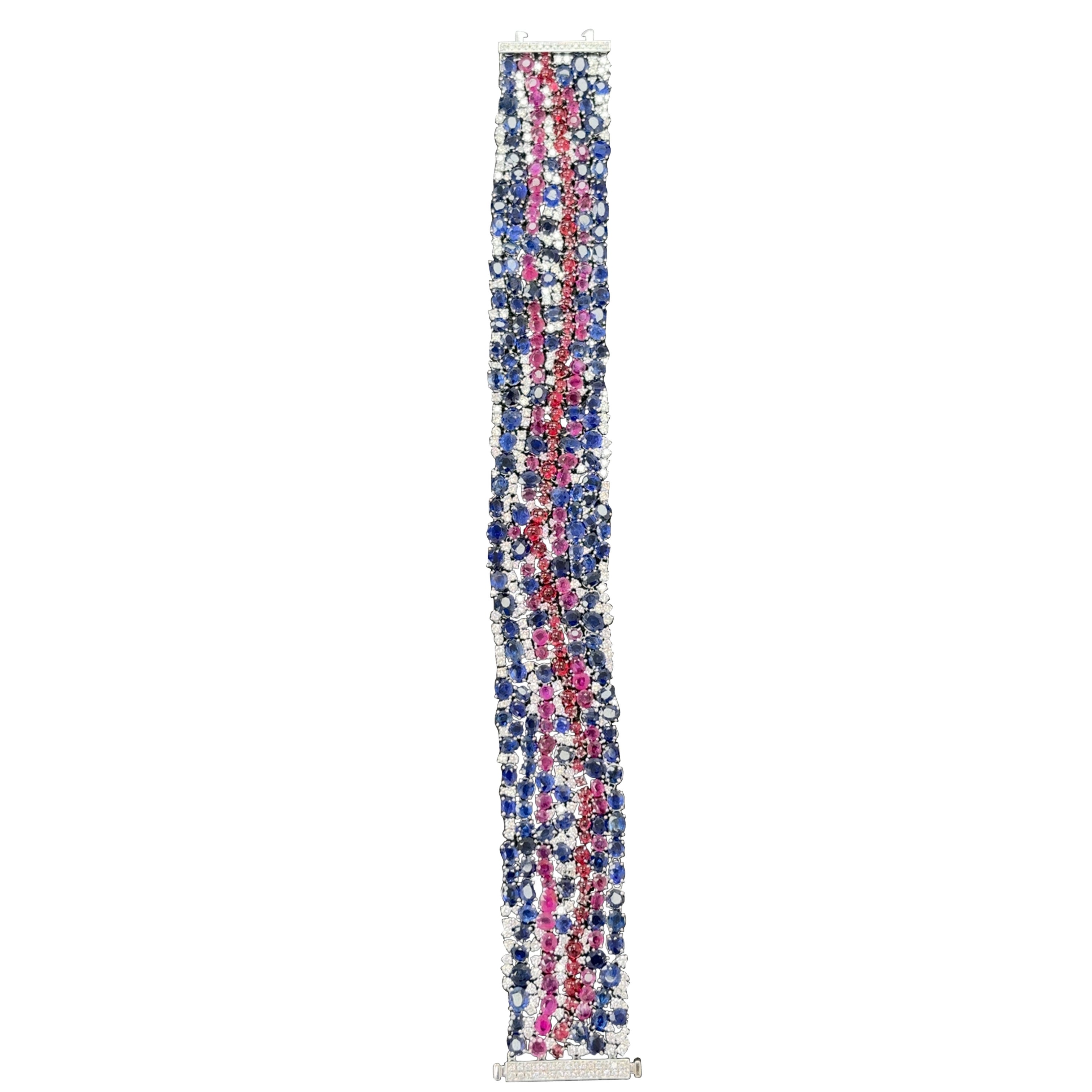 Burma No Heat Blue and Pink Sapphires Spinel Cabochon Diamond Platinum Bracelet