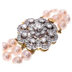 Three Strand Pearl 1.40 Carat Diamond Gold Clasp Choker Necklace