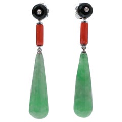 Jade, Coral, Onyx, Diamonds, Platinum Dangle Earrings