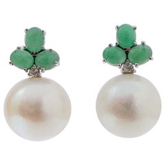 14 Mm Pearls, Diamonds, Emeralds, 14 Karat White Gold Earrings.
