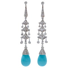 Turquoise, Diamonds, Platinum Dangle Earrings.