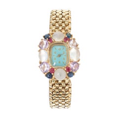 Vintage Lady's Ruby Sapphire Amethyst Moonstone Gold Wristwatch circa 1950s