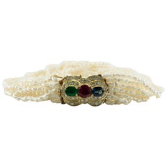 Pulsera de perlas semilla rubí zafiro esmeralda diamante oro 14K