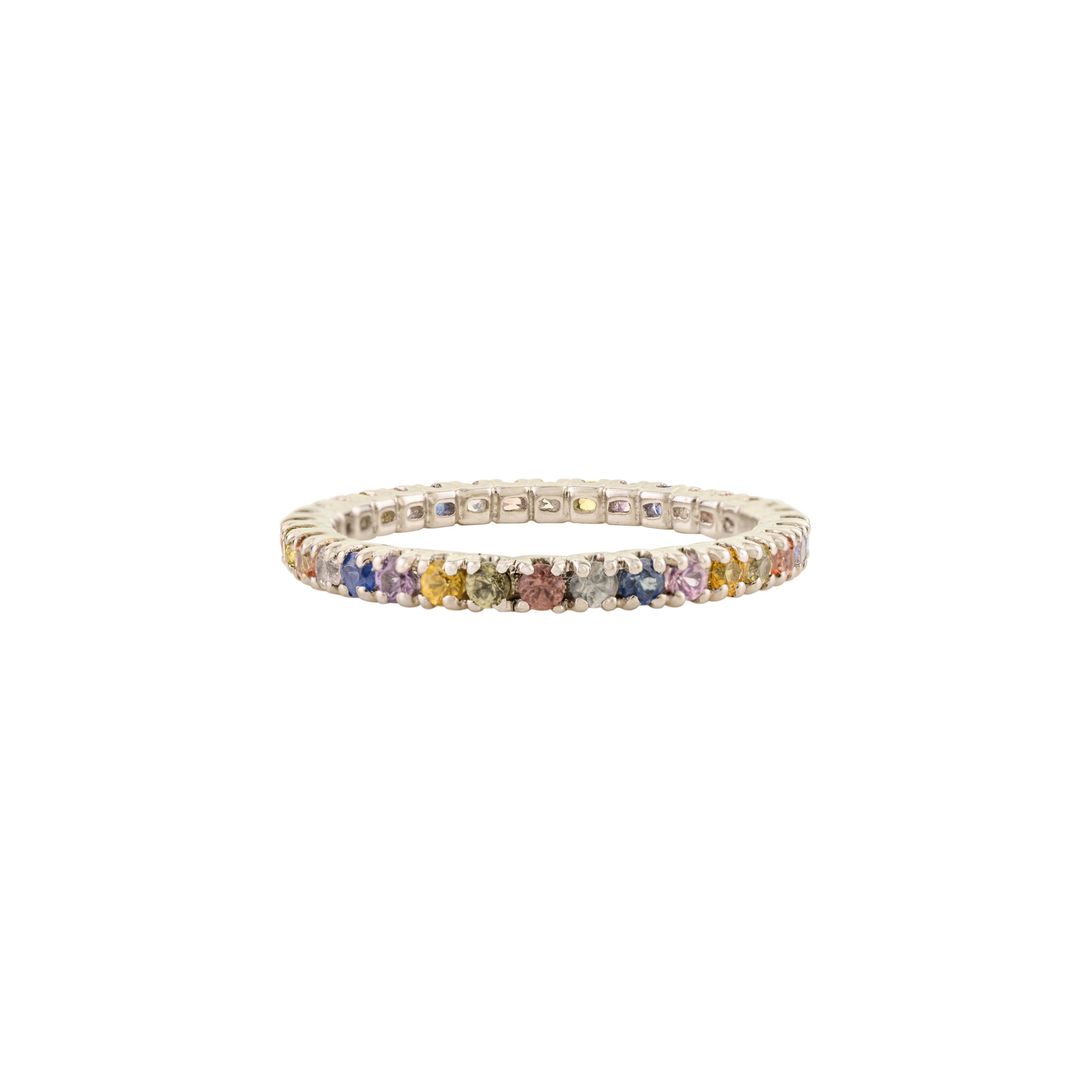Colorful Multi-Gemstone Full Eternity Wedding Band Ring in 14K Solid White Gold