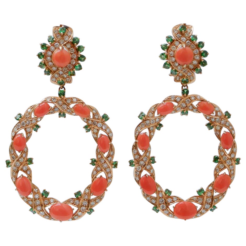 Coral, Tsavorite, Diamonds, 14 Karat Rose Gold Earrings.