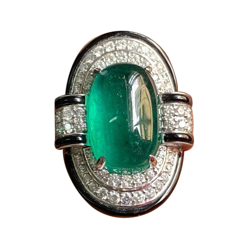 11.08 Carat Emerald Cabochon, Diamond and Onyx Cocktail Ring