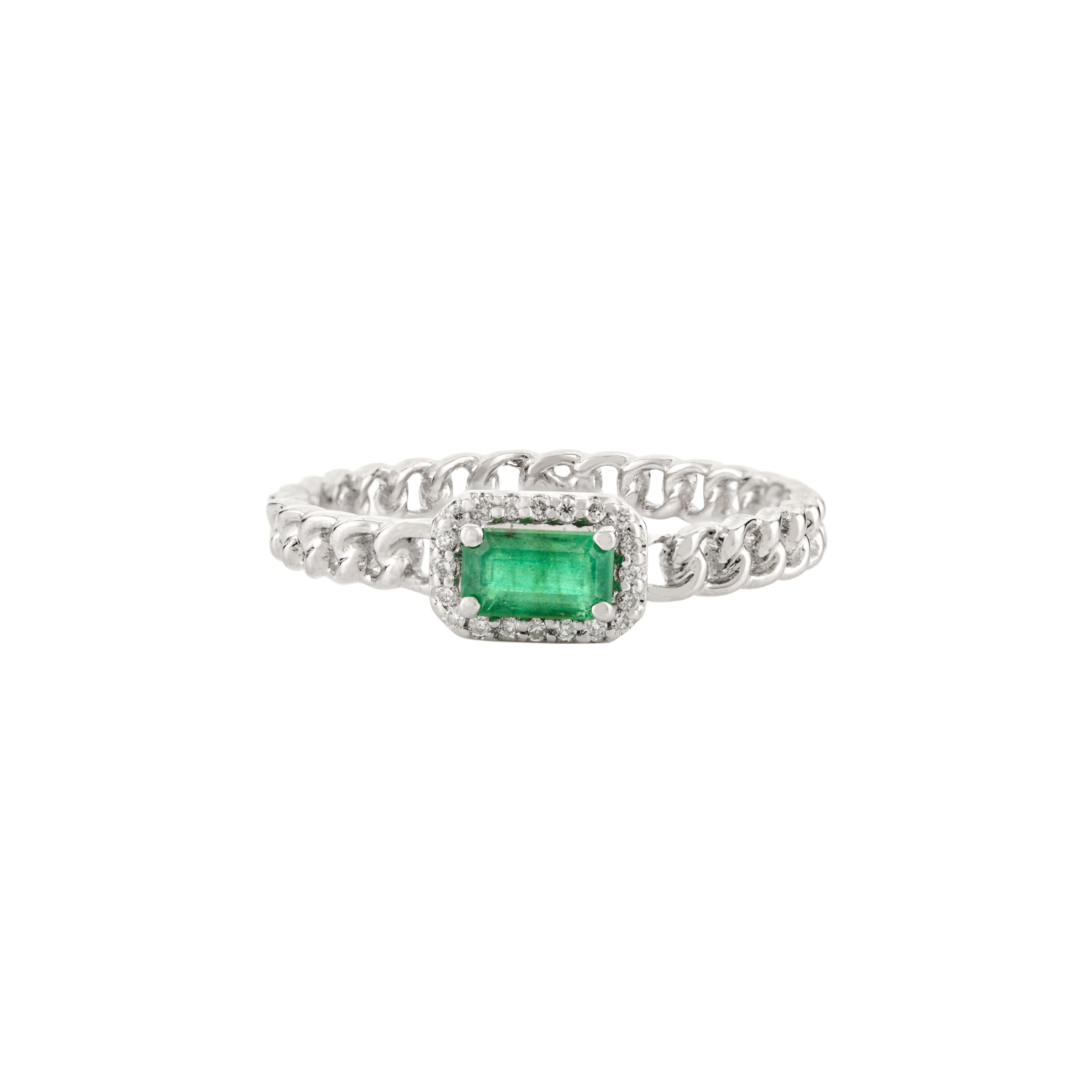 Octagon Shaped Emerald & Diamond Halo Wedding Band in 14 Karat Solid White Gold