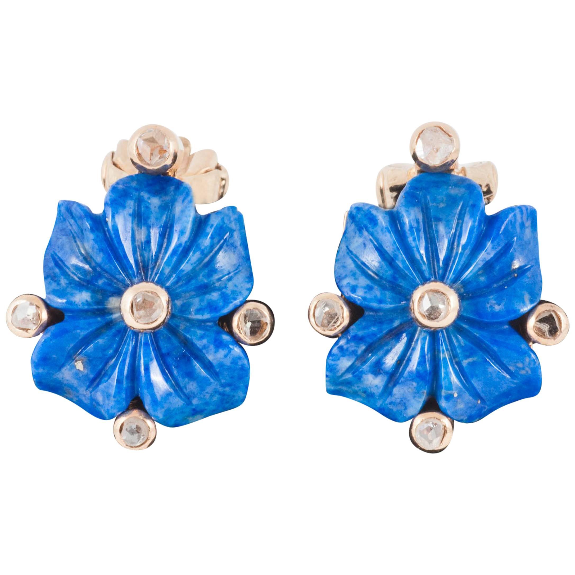 Lapis and Diamond Flower Earrings, French, circa 1950 For Sale