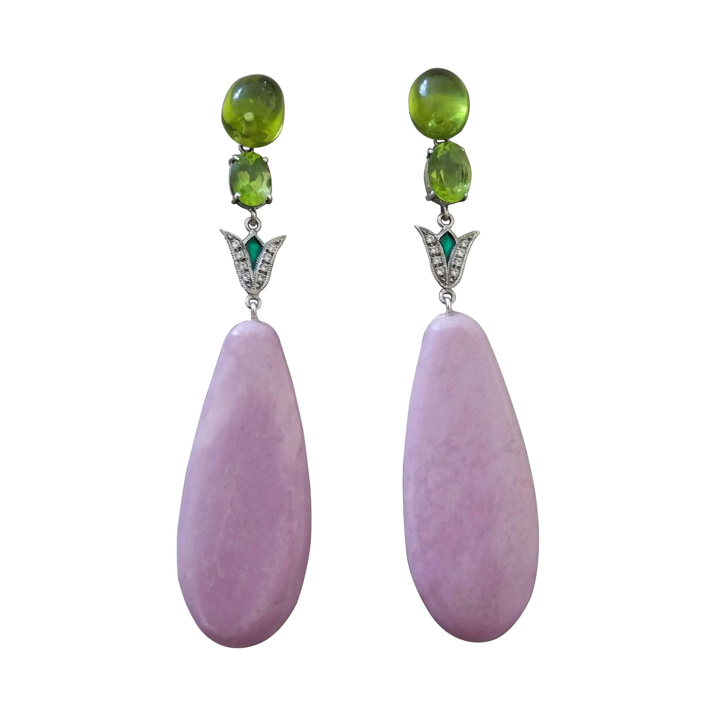 Art Deco Style Peridot Phosphosiderite Gold Diamonds Green Enamel Drop Earrings