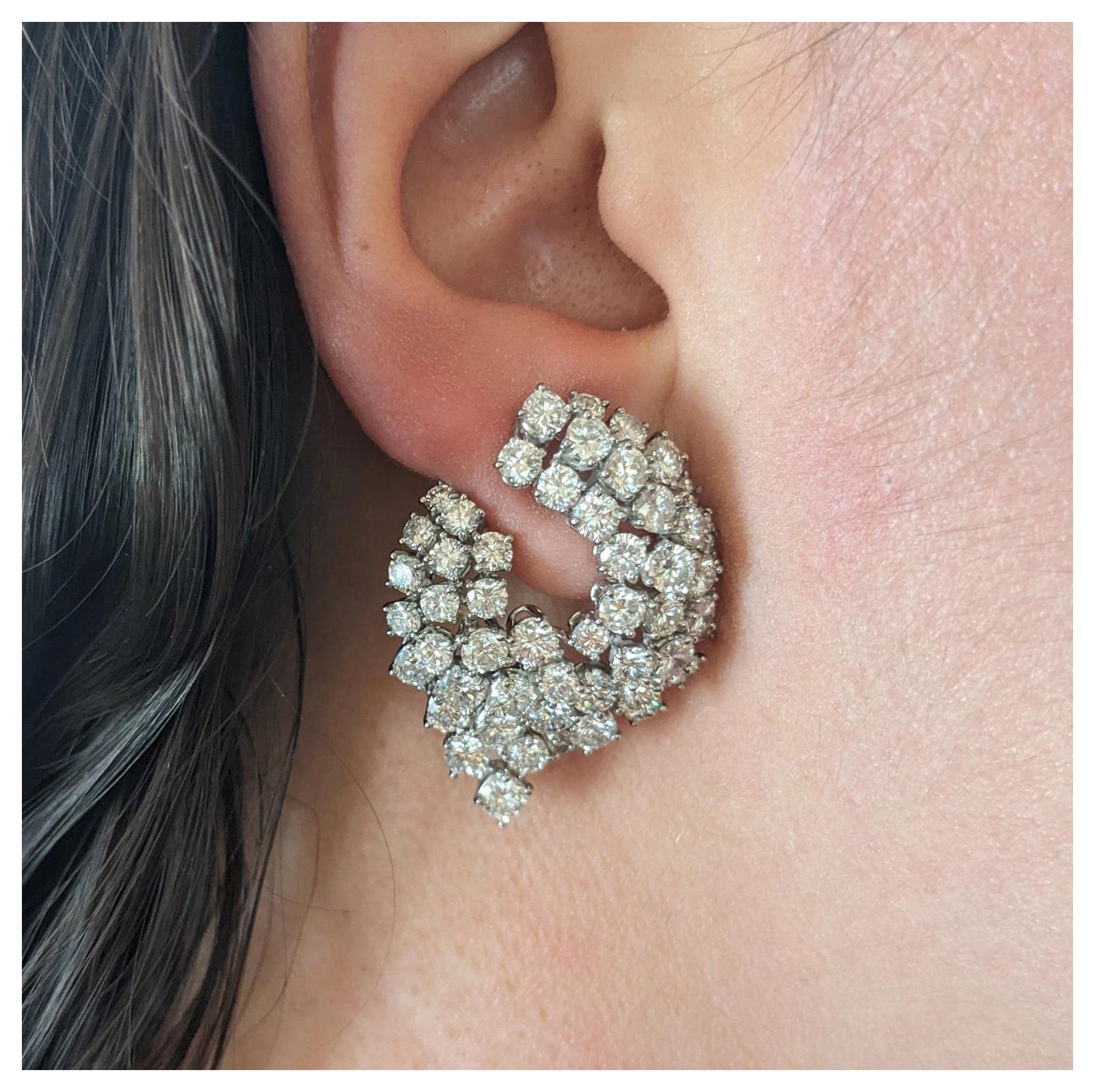 Vintage French Round Diamond Swirl Earrings 15.00 carat total weight in Platinum For Sale
