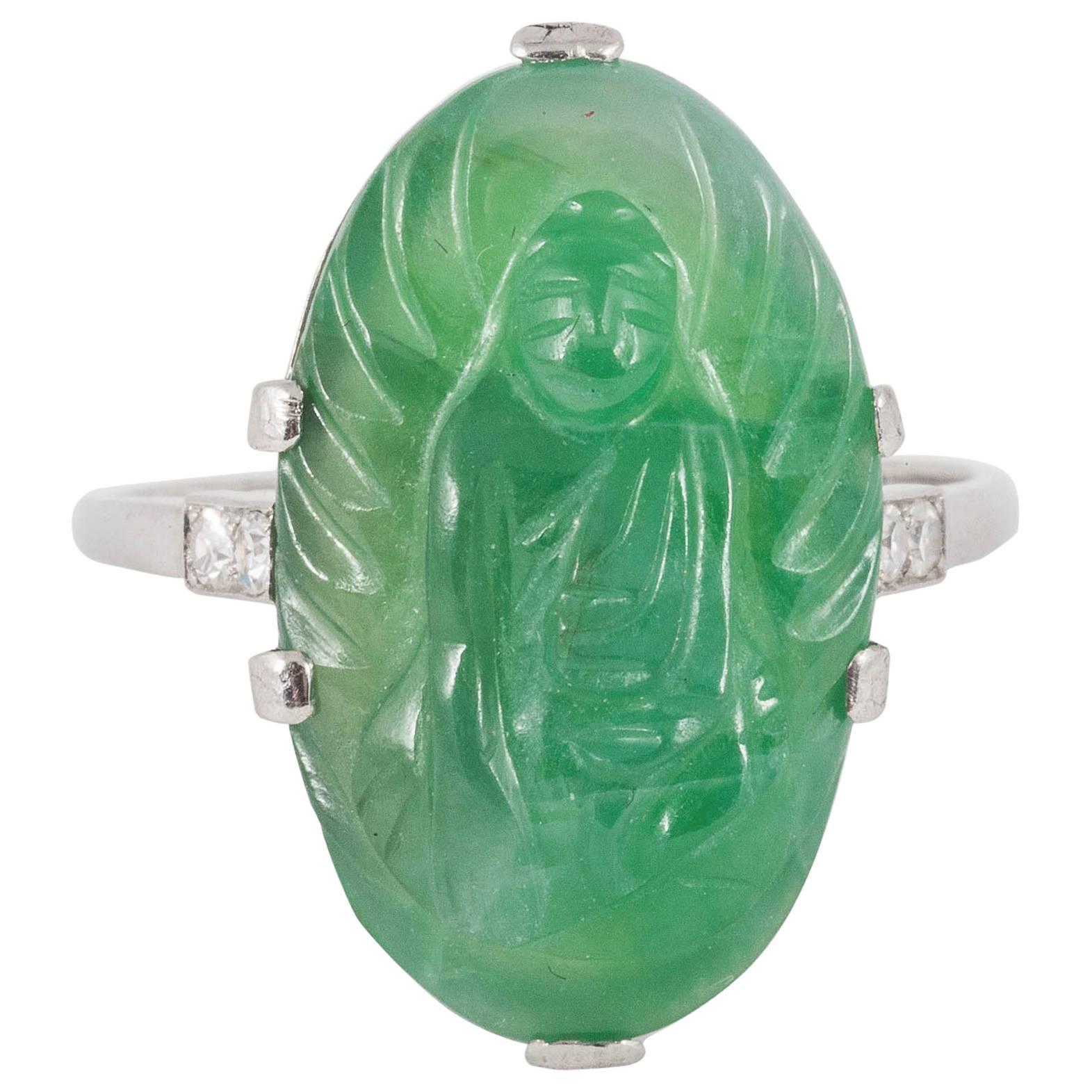 Natural Carved Jadeite Jade Diamond Gold Ring For Sale