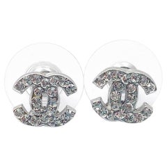 Chanel Classic Silver CC Crystal Small Piercing Earrings