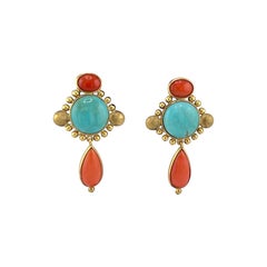 18kt Yellow gold Turquoise and Coral Earrings