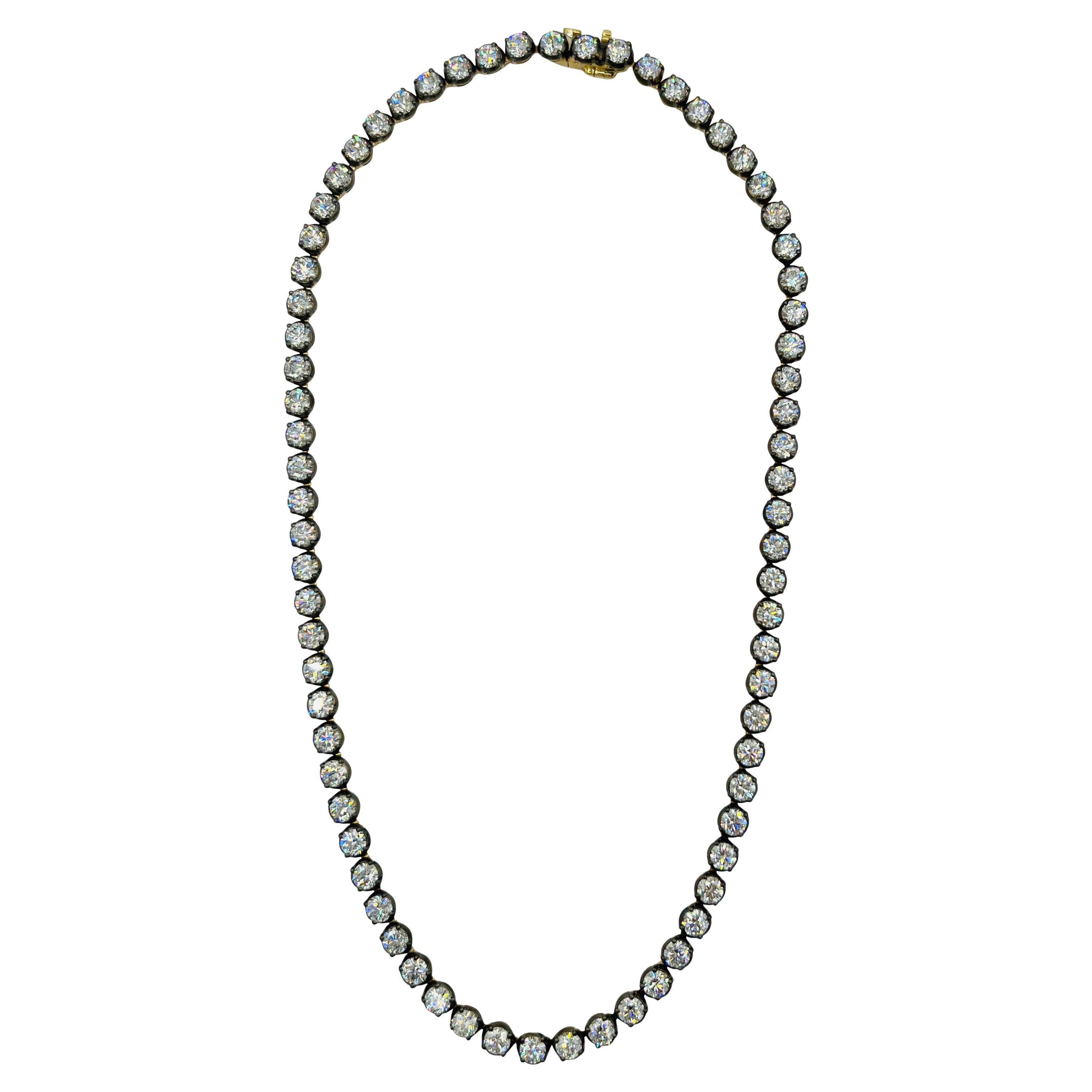 GIA White Diamond Round Tennis Necklace in Black Rhodium & 18K Yellow Gold