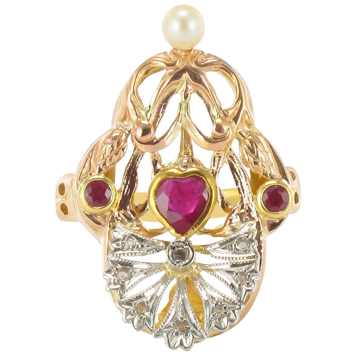 French Art Nouveau Ruby Diamond and Pearl Ring
