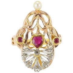 French Art Nouveau Ruby Diamond and Pearl Ring 10