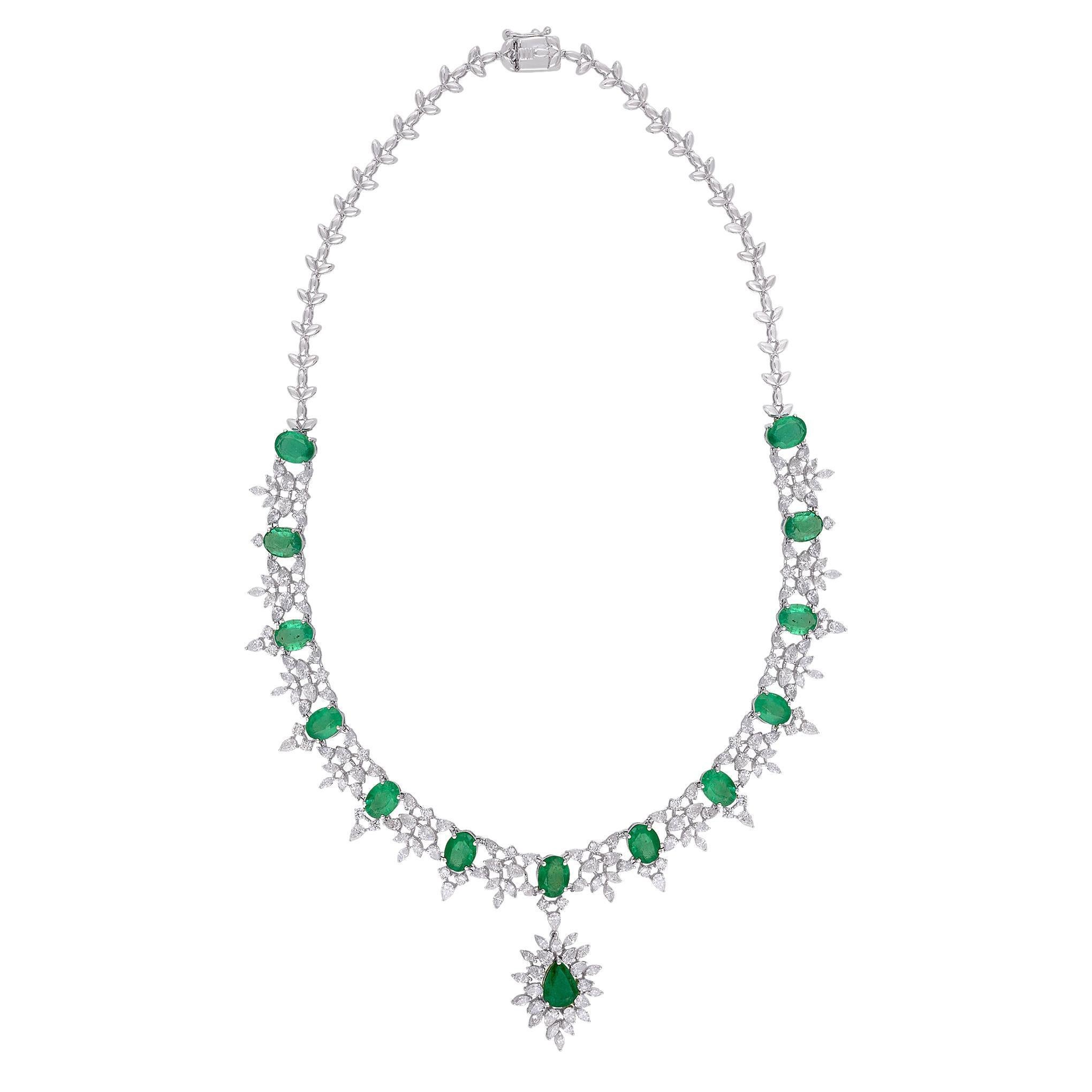 Real 16.48 carat Emerald Gemstone Pendant Necklace 12 Ct. Diamond 18k White Gold For Sale
