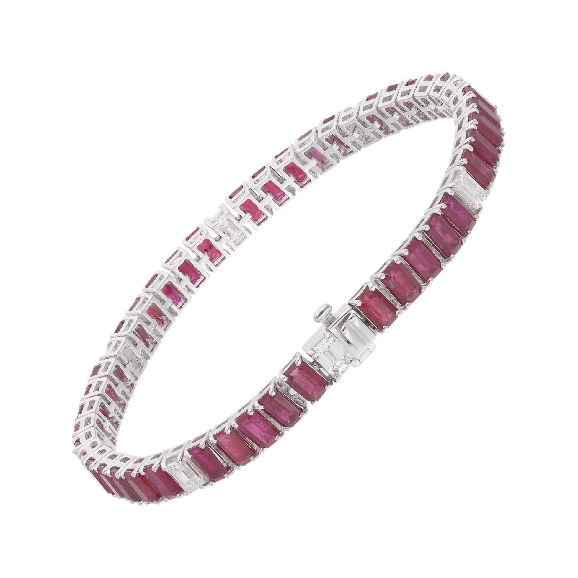 Emerald Cut Ruby Diamond Bracelet 18 Karat White Gold Handmade Gemstone Jewelry
