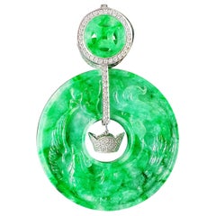 Giant Double-Sided Jade Donut Pendant, Hand-Carved Dragon & Phoenix, 18K Gold