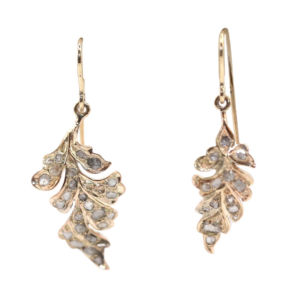 Rose-cut Diamonds Yellow Gold Leaves Earrings, 1890