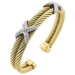 18k Yellow Gold David Yurman Diamond X Cable Open Double Cuff Bangle Bracelet