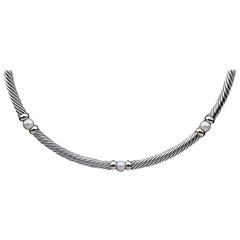 David Yurman Silver and Gold Hampton Pearl Cable Station Choker Necklace