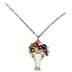 Diamond, Rock Crystal  & Carved Natural stone carved Flowers Vase Pin/Pendant