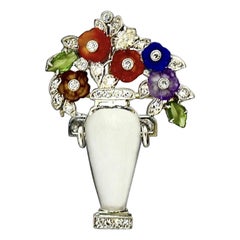 Platinum, Diamond, Frosted Rock Crystal  & Carved Flower Vase Pin