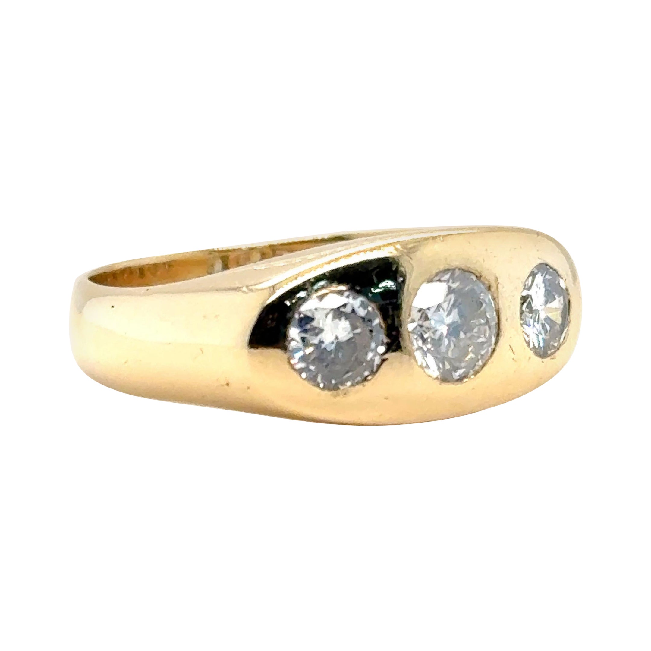 Vintage 1940s Old European Diamond Three Stone Gypsy Ring in 18ct Yellow Gold For Sale