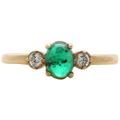 Emerald Cabochon Diamond Gold Three Stone Ring