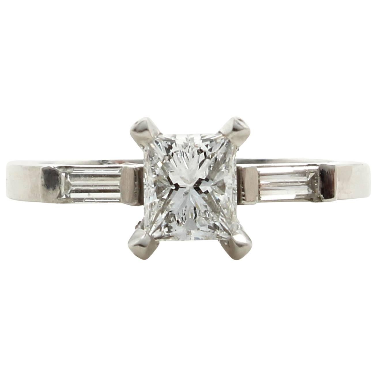 0.78 Carat Princess Cut and Baguette Diamonds Platinum Three-Stone Ring For Sale
