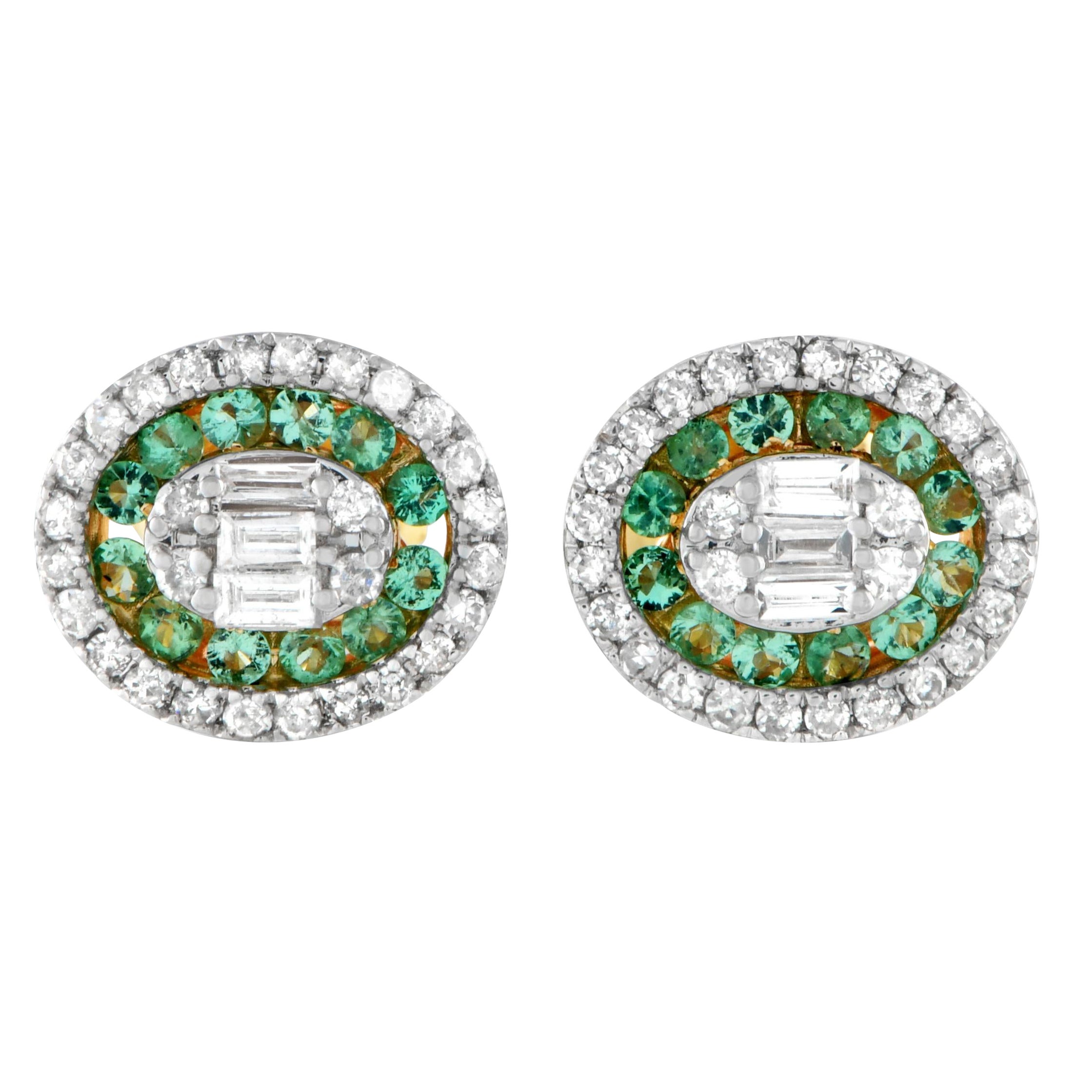 14K Yellow Gold 0.40ct Diamond and Emerald Cluster Halo Earrings