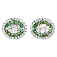 14K Yellow Gold 0.40ct Diamond and Emerald Cluster Halo Earrings