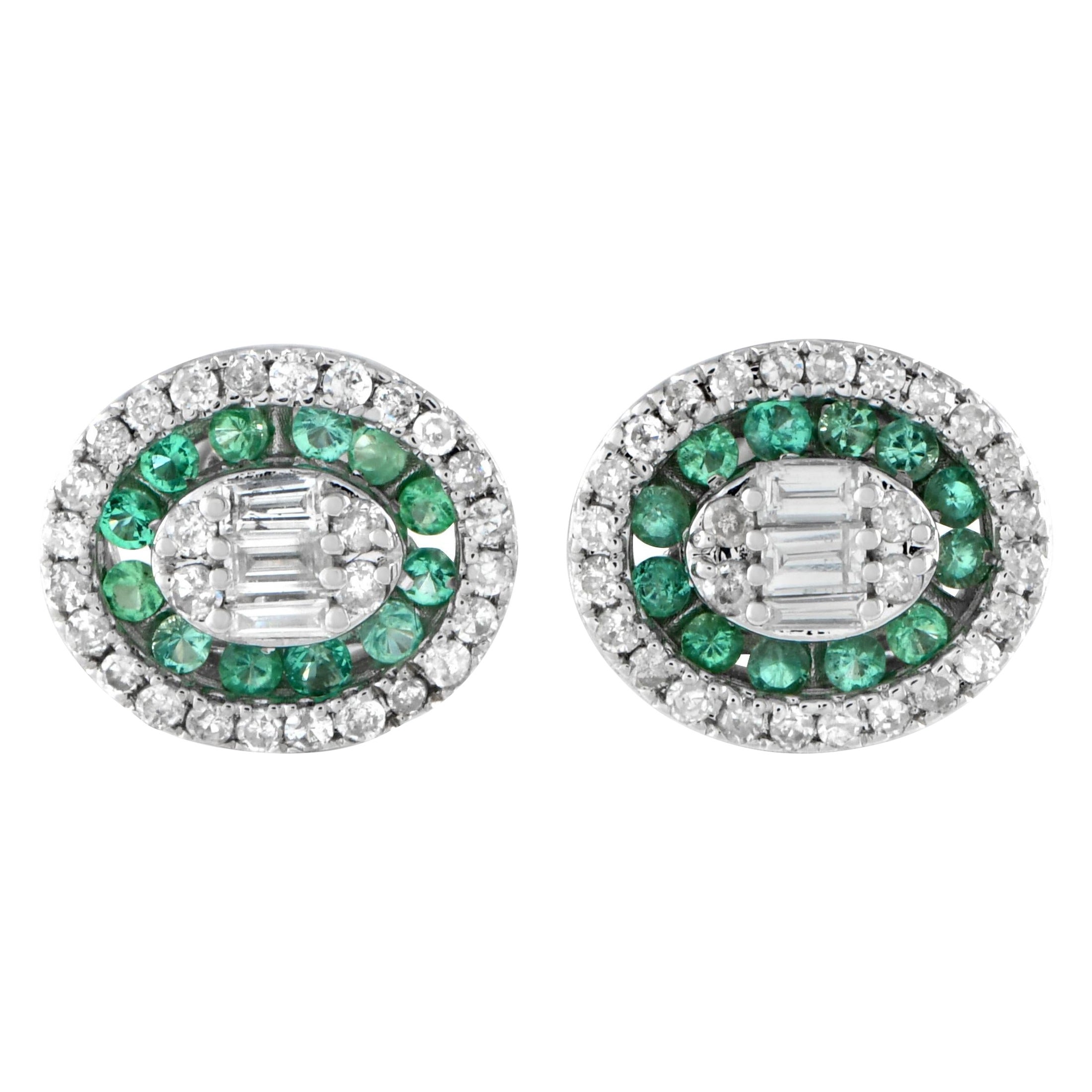 14K White Gold 0.40ct Diamond and Emerald Oval Halo Stud Earrings For Sale