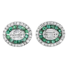14K White Gold 0.40ct Diamond and Emerald Oval Halo Stud Earrings