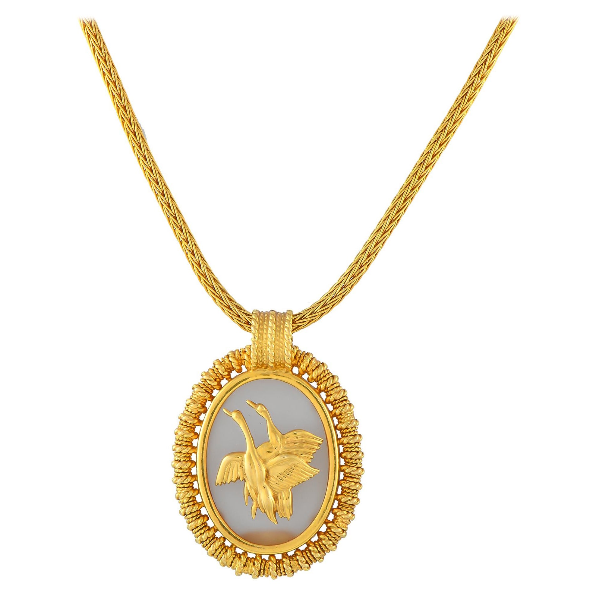 Ilias Lalaounis 18K Yellow Gold Rock Crystal Flying Geese Necklace