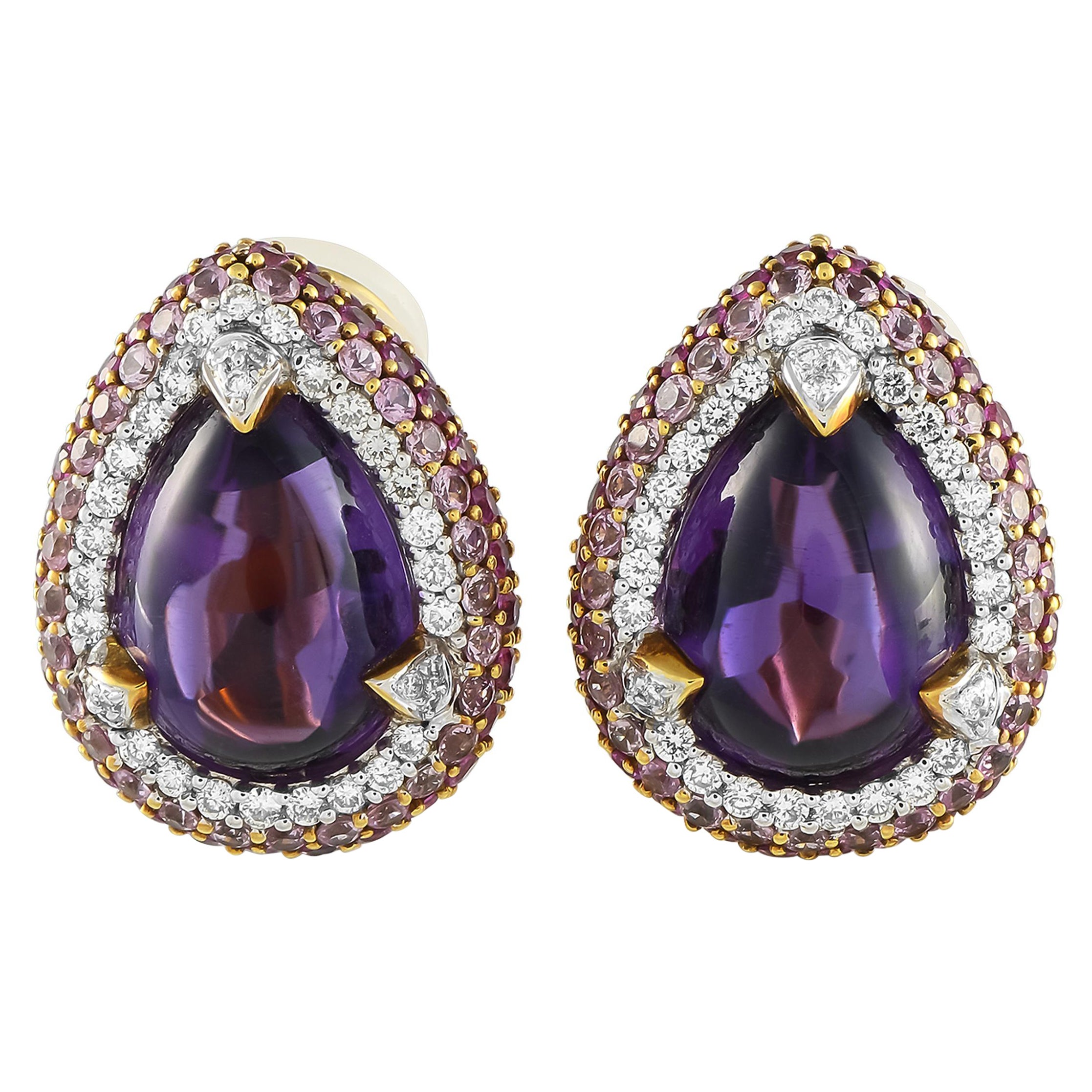18K Yellow Gold 0.65ct Diamond, Sapphire, and Amethyst Earrings