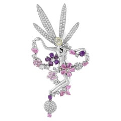 18K White Gold 1.63ct Diamond and Sapphire Fairy Brooch