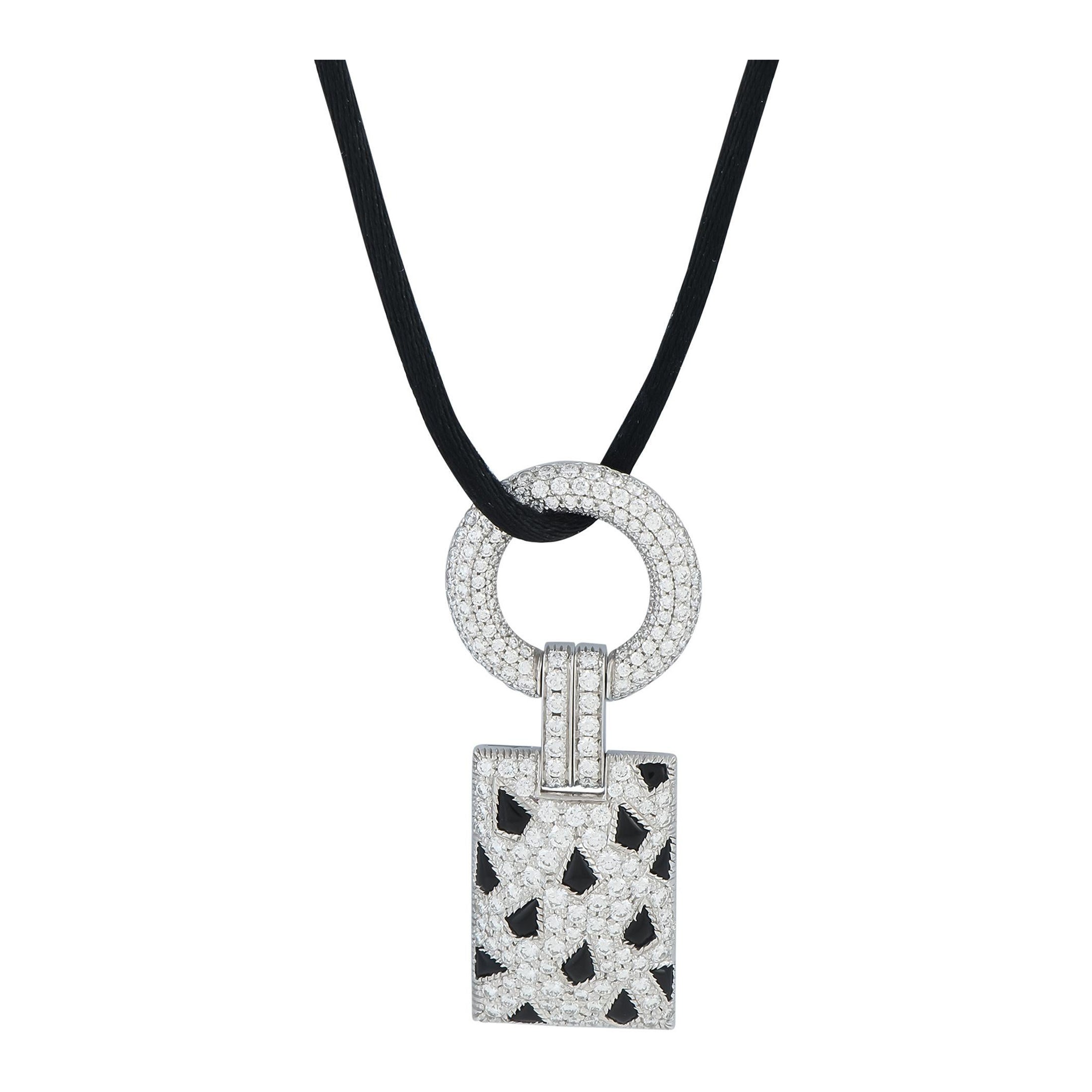 Cartier Panthere 18K White Gold 2.78ct Diamond and Onyx Pendant Necklace