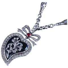 Antique Georgian Chain Blue Enamel Silver Witches Heart Pendant