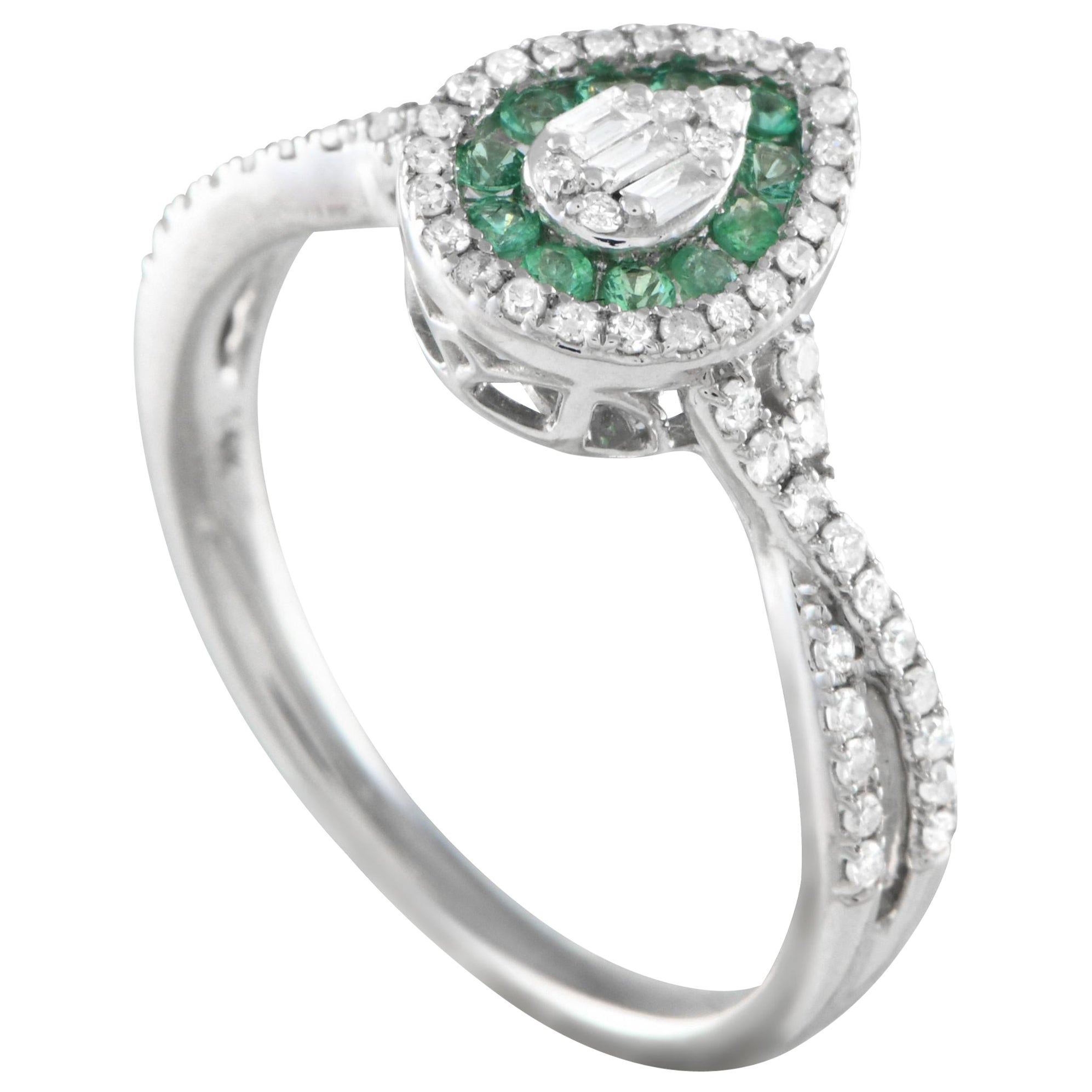 14K White Gold 0.40ct Diamond and Emerald Ring