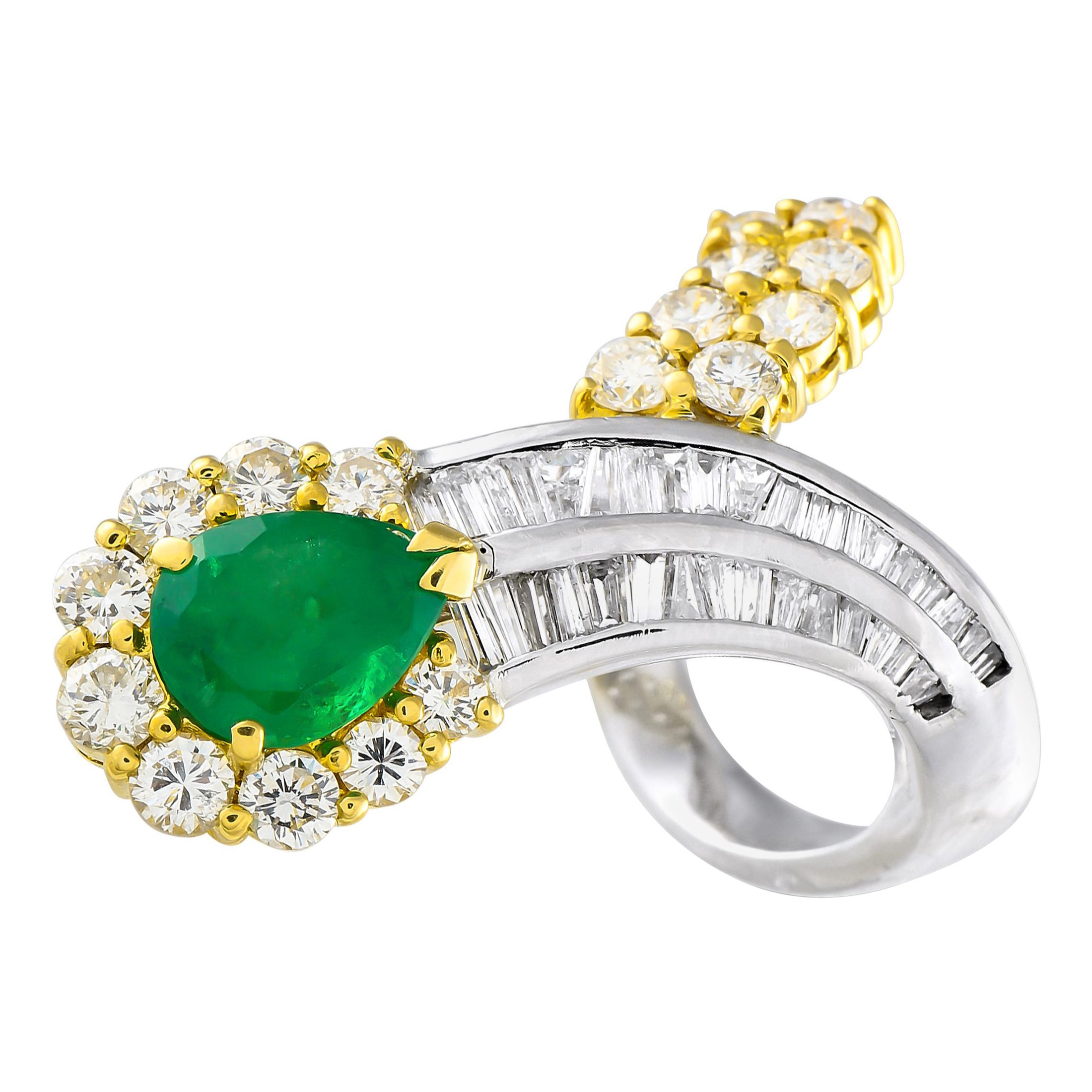 Platinum, 18K Yellow Gold 2.62ct Diamond and Emerald Ring For Sale