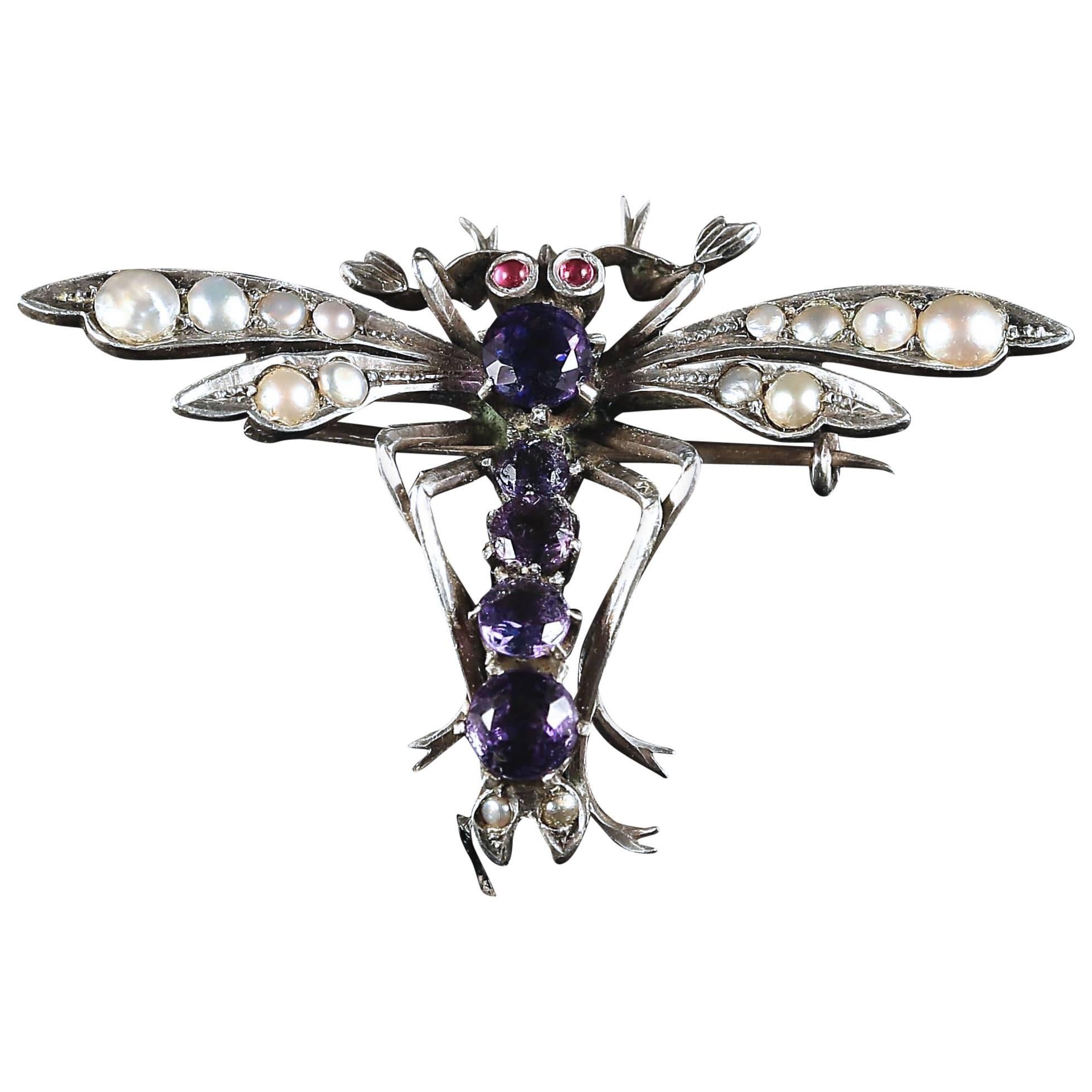 Antique Victorian Dragonfly Sterling Silver Brooch circa 1900