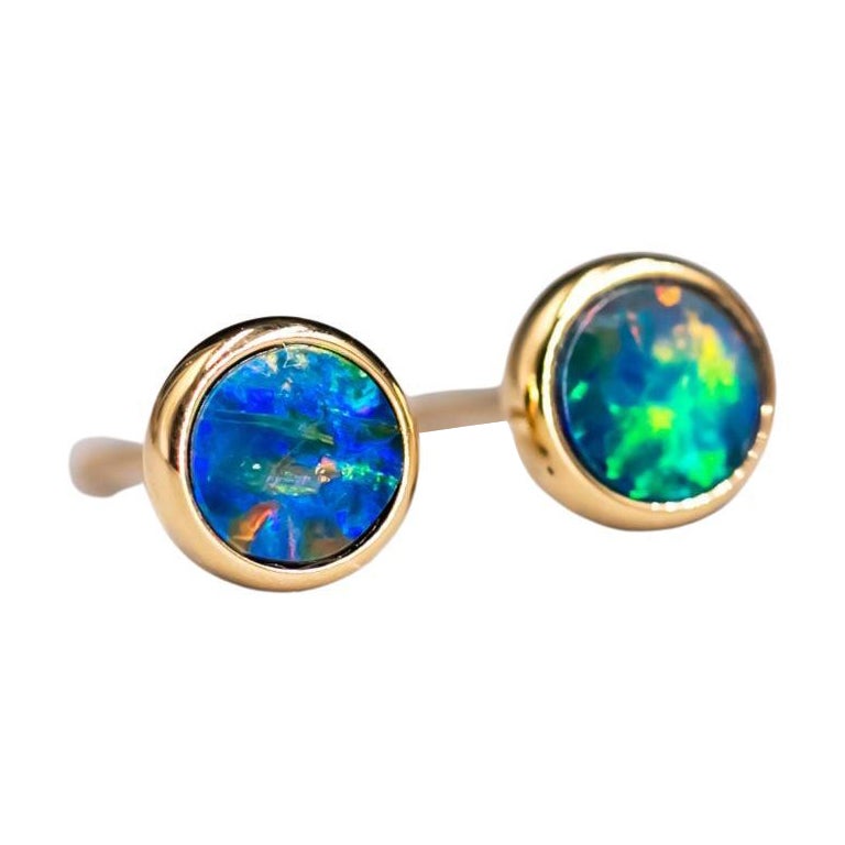 Minimalist Round Australian Doublet Opal Stud Earrings 18k Yellow Gold