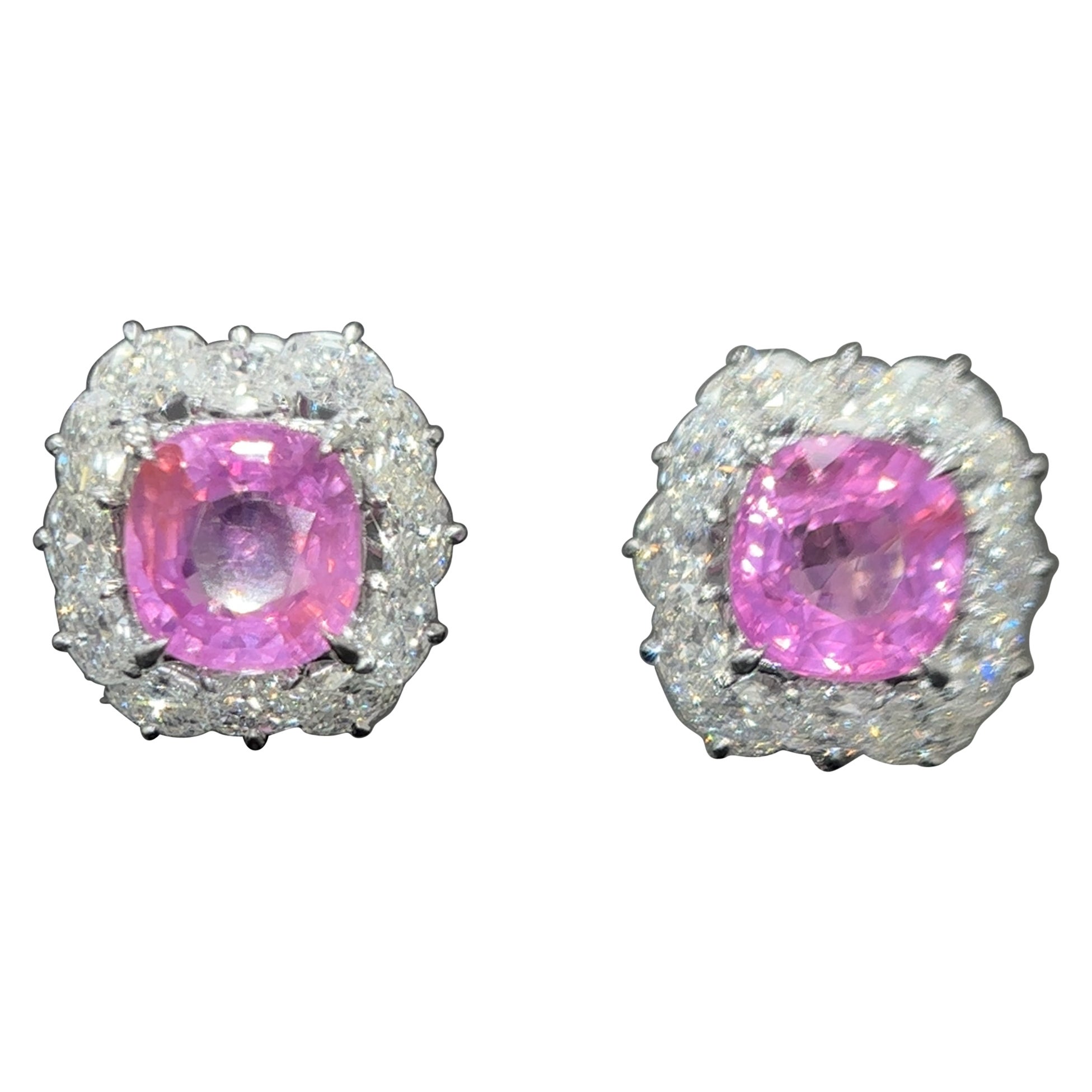 GIA Certified 3.82 Carat Burma No Heat Pink Sapphire Diamond Platinum Earrings